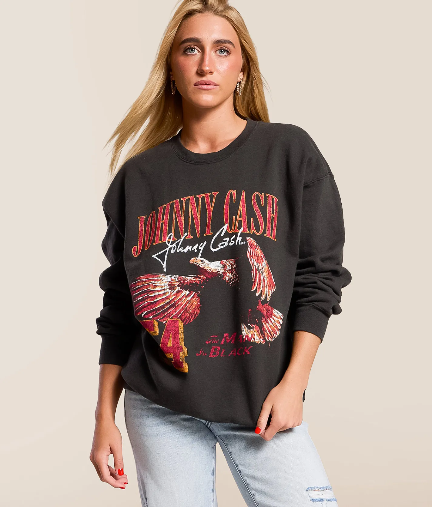 Tops | Merch Traffic Johnny Cash Band Oversized Pullover Washed Black