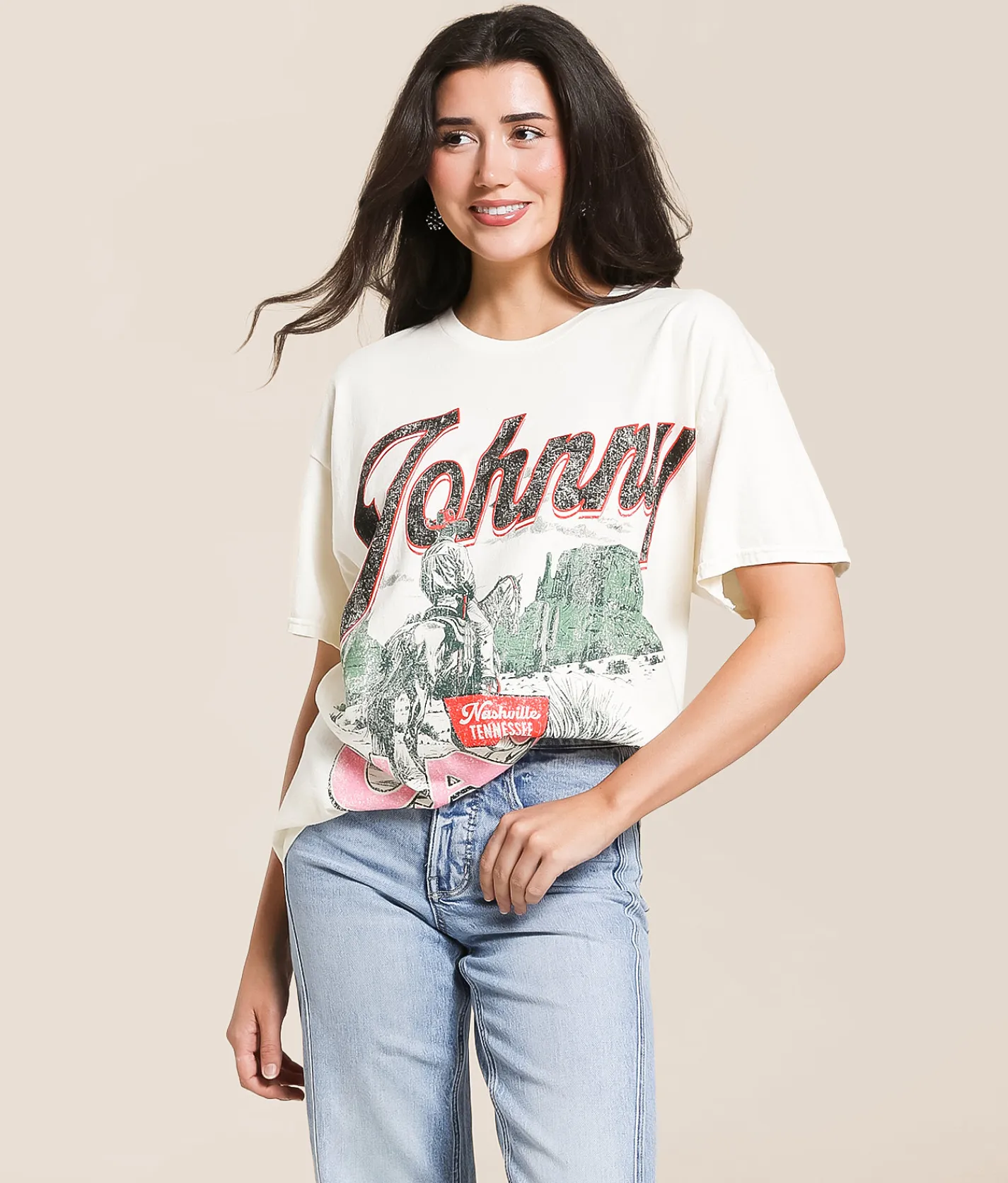 Tops | Merch Traffic Johnny Cash Oversized Band T-Shirt Cream