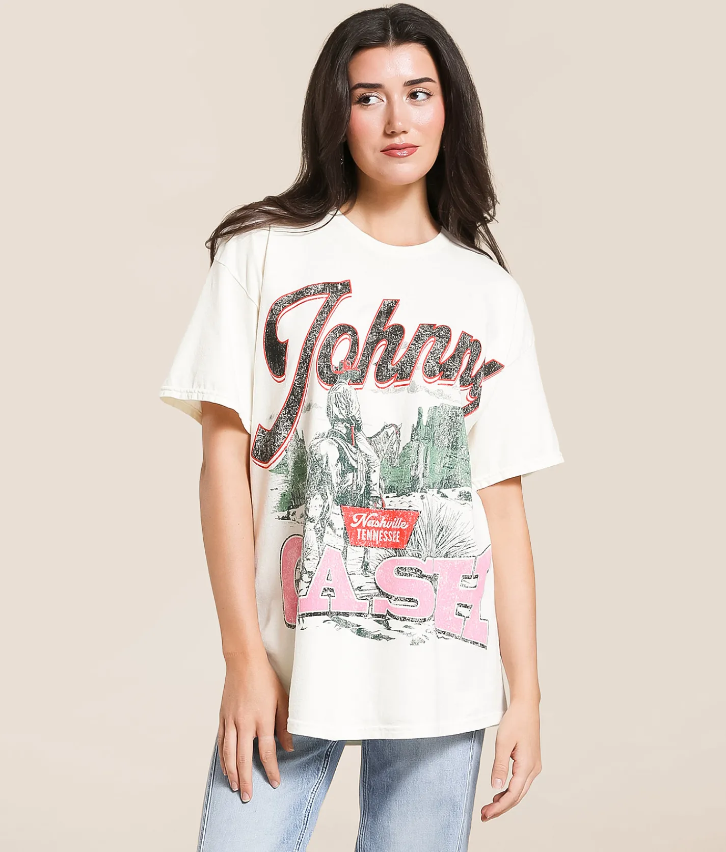 Tops | Merch Traffic Johnny Cash Oversized Band T-Shirt Cream