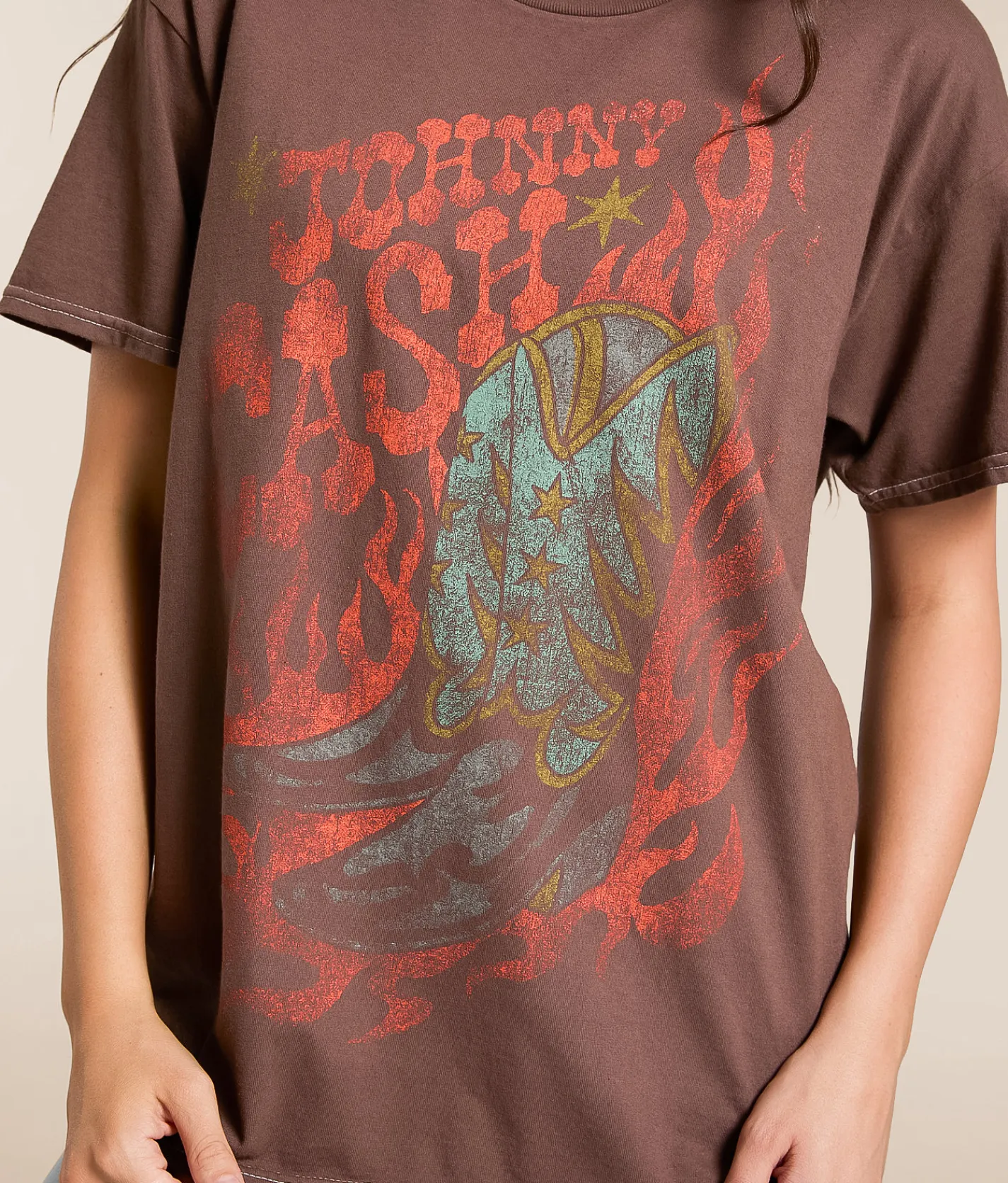 Merch Traffic Johnny Cash Oversized Band T-Shirt Brown Clearance