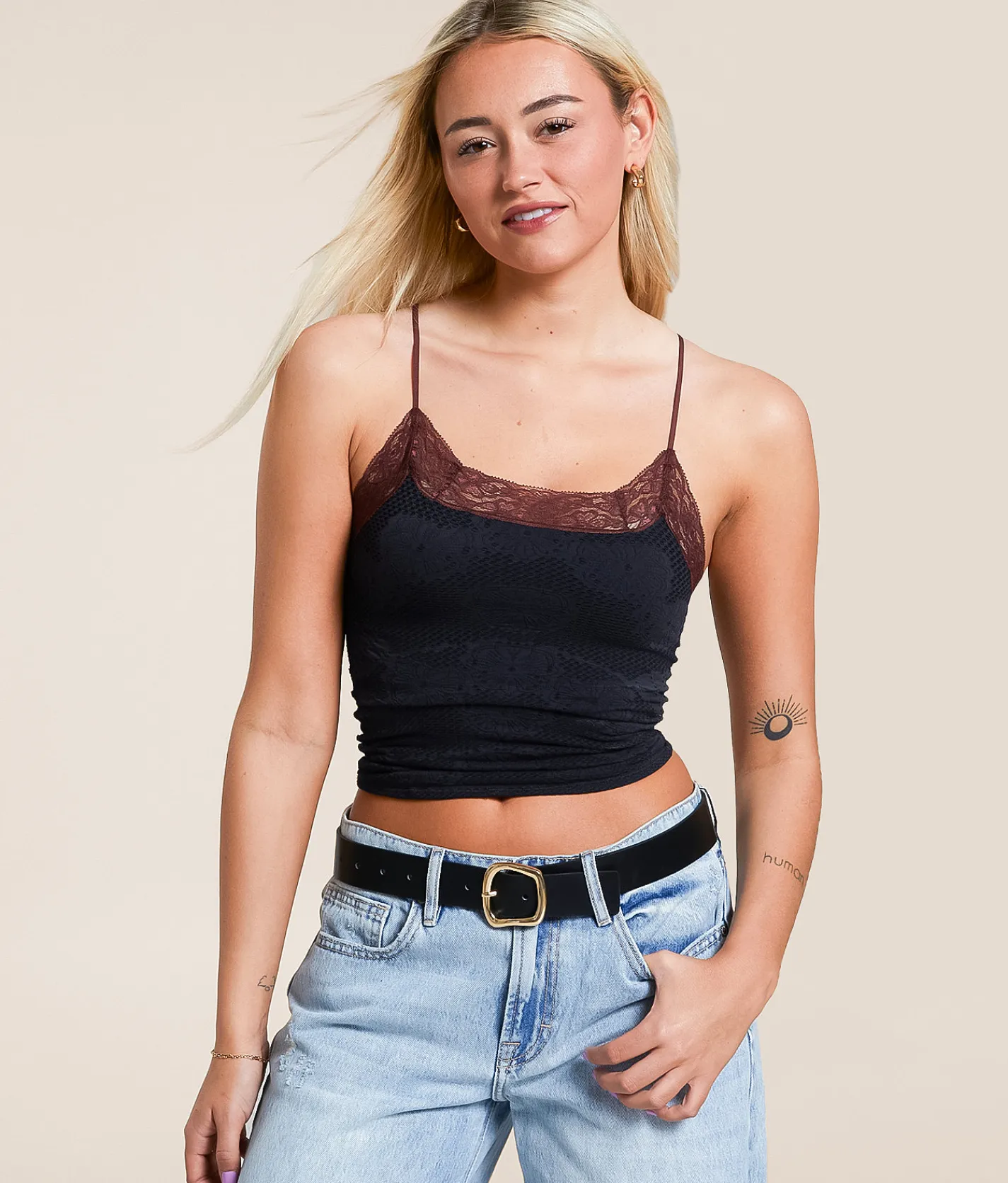 Free People Jules Seamless Cropped Cami Tank Top Black Combo Sale
