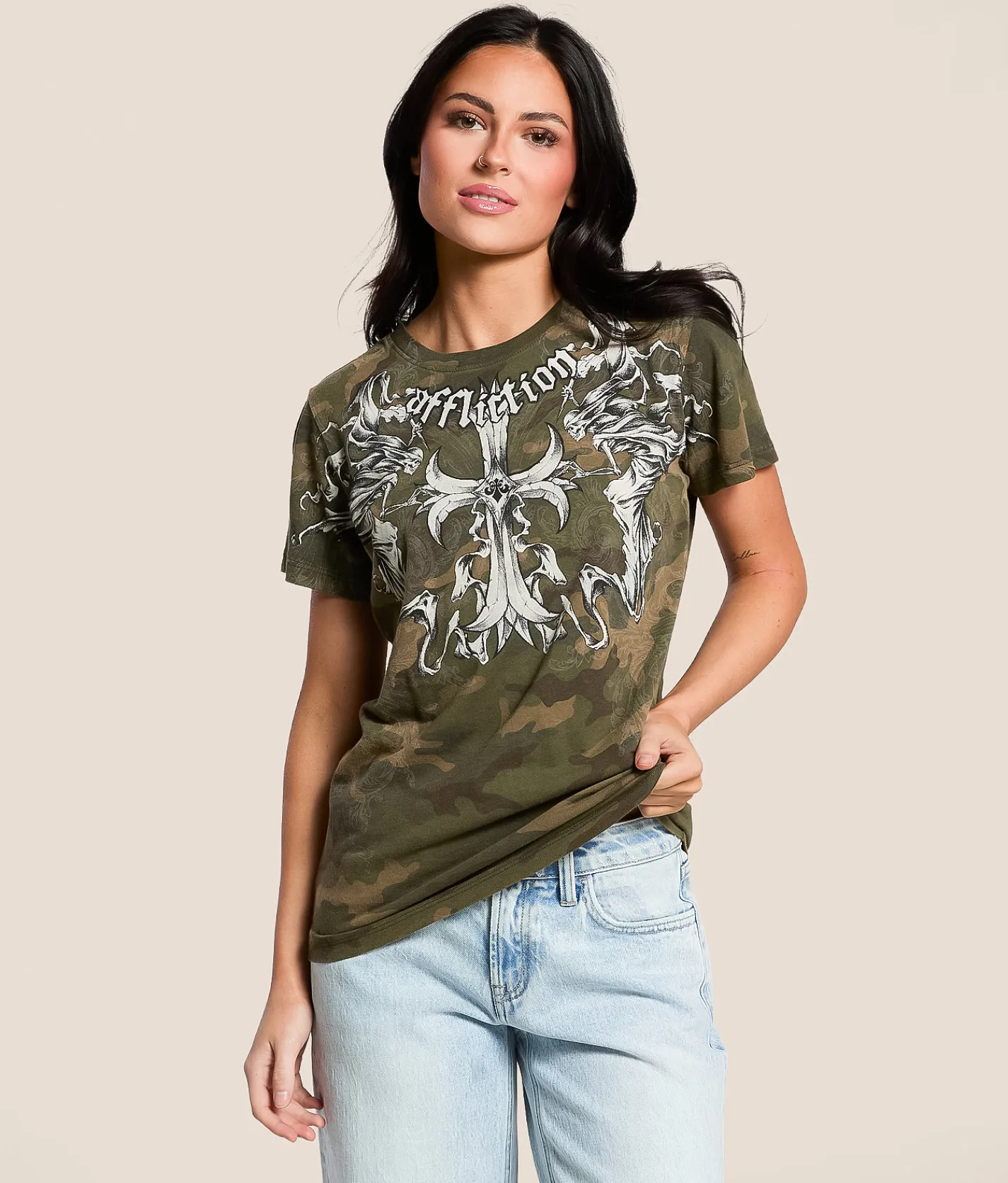 Tops | Affliction Jump Camo T-Shirt Green Camo