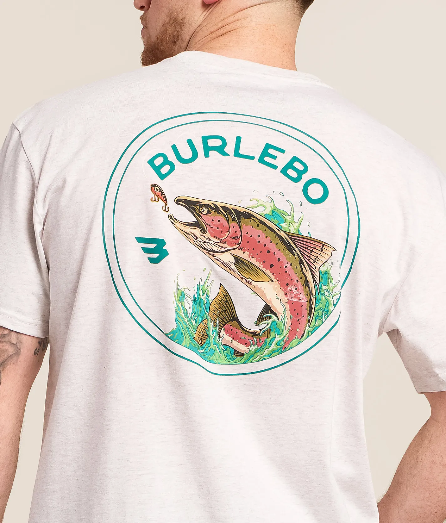 Tops|Graphic T-Shirts | BURLEBO Jumping Trout T-Shirt Heather Oatmeal