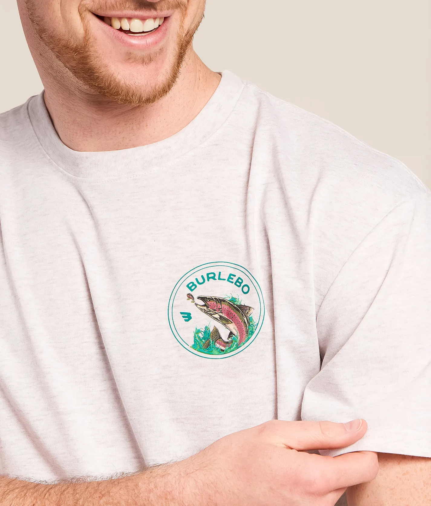 Tops|Graphic T-Shirts | BURLEBO Jumping Trout T-Shirt Heather Oatmeal