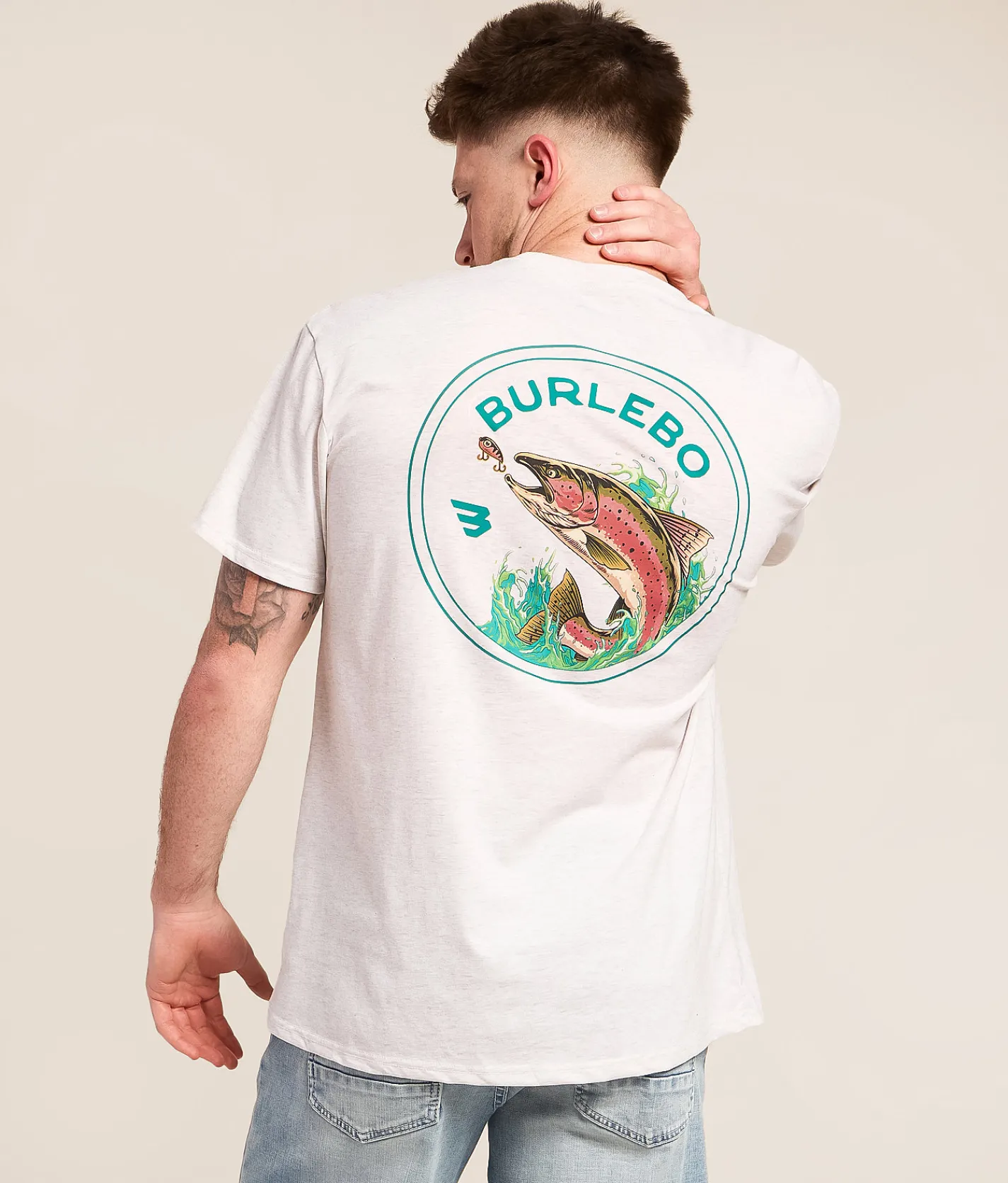 Tops|Graphic T-Shirts | BURLEBO Jumping Trout T-Shirt Heather Oatmeal
