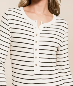 White Crow Katya Striped Henley Light Oatmeal Heather Hot