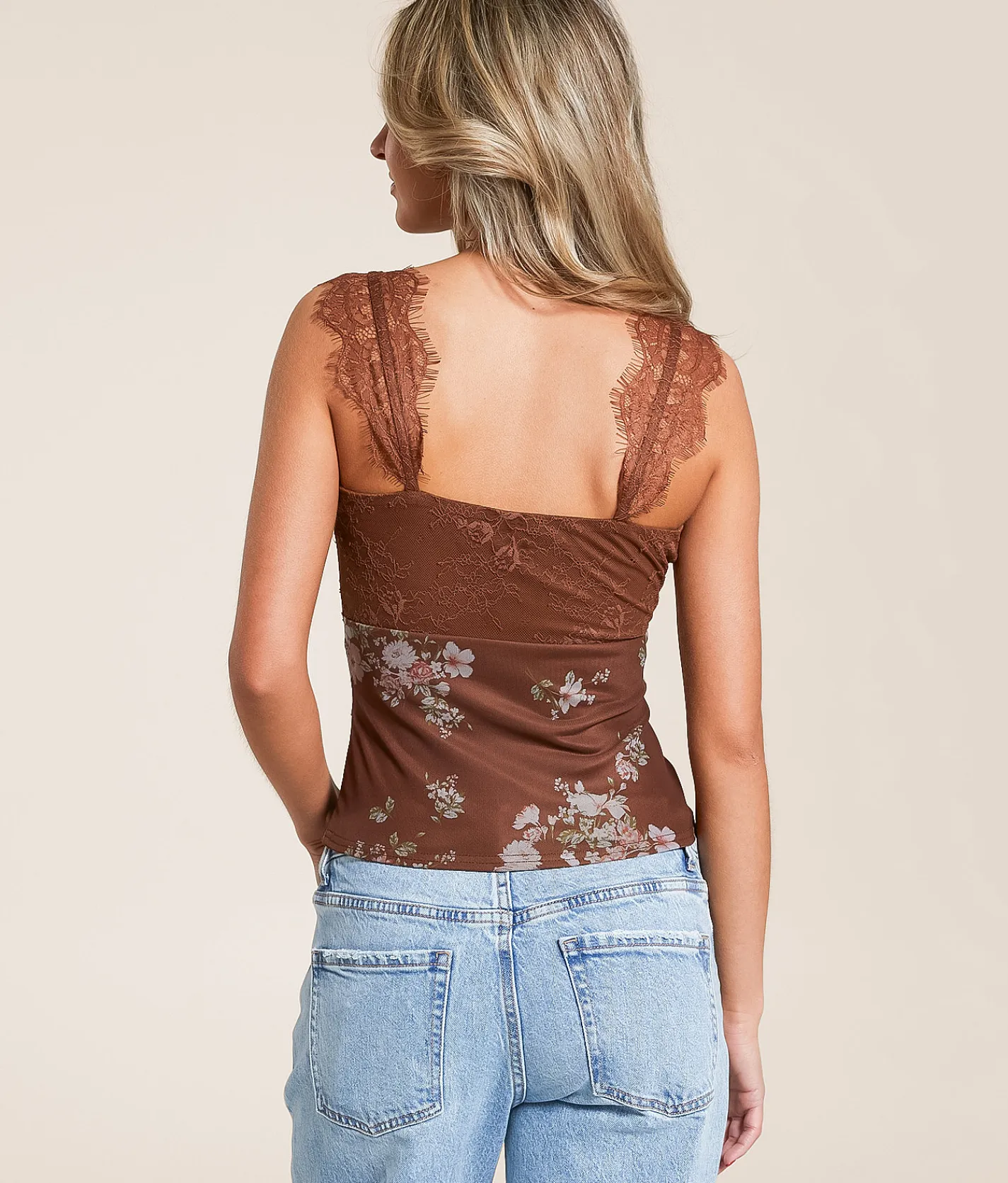 Tops | Willow & Root Keyhole Floral Eyelash Lace Tank Top Brown