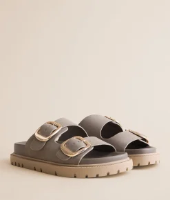 Mia Krisstie Big Buckle Sandal Taupe Gold Buckle
