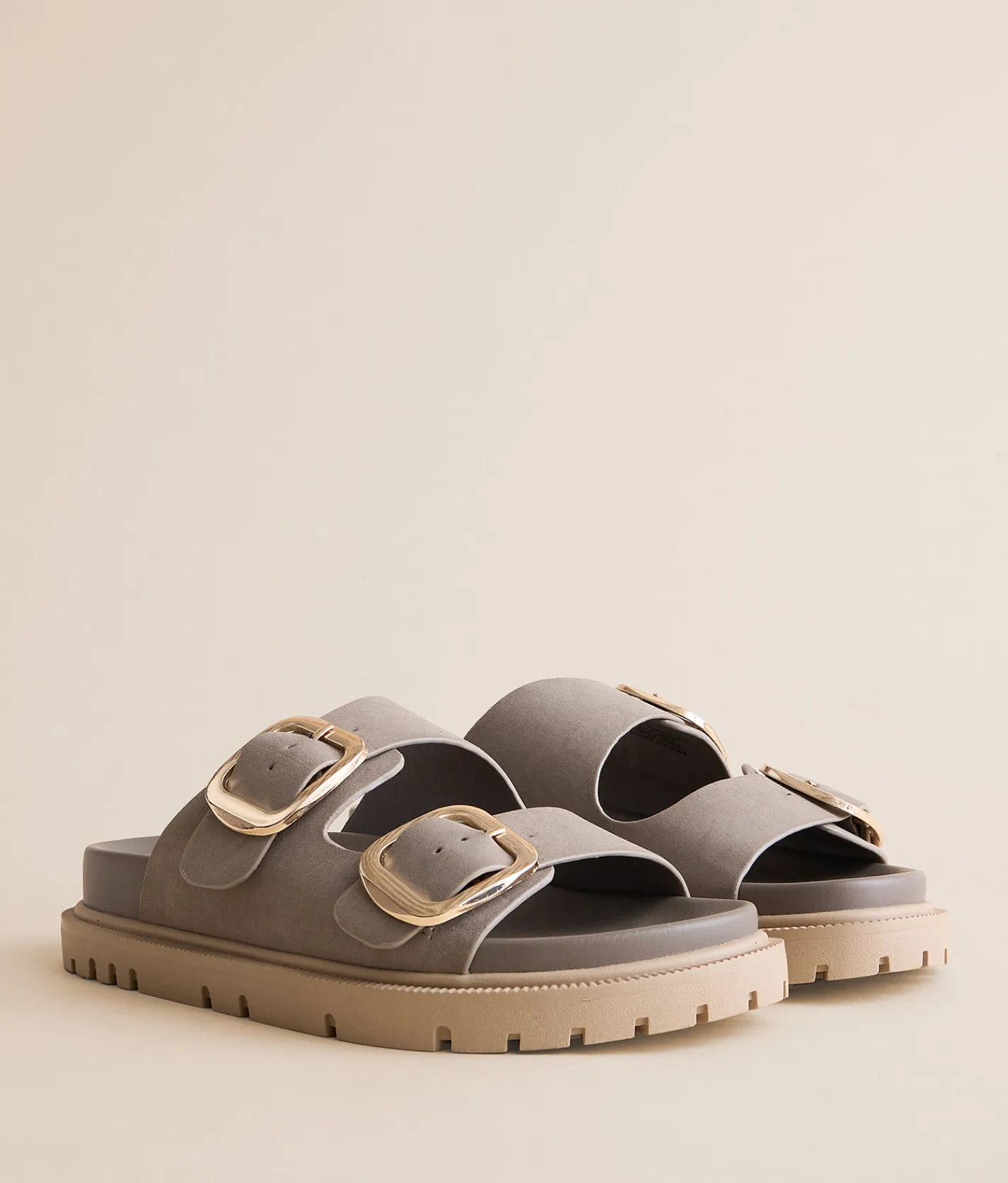 Mia Krisstie Big Buckle Sandal Taupe Gold Buckle