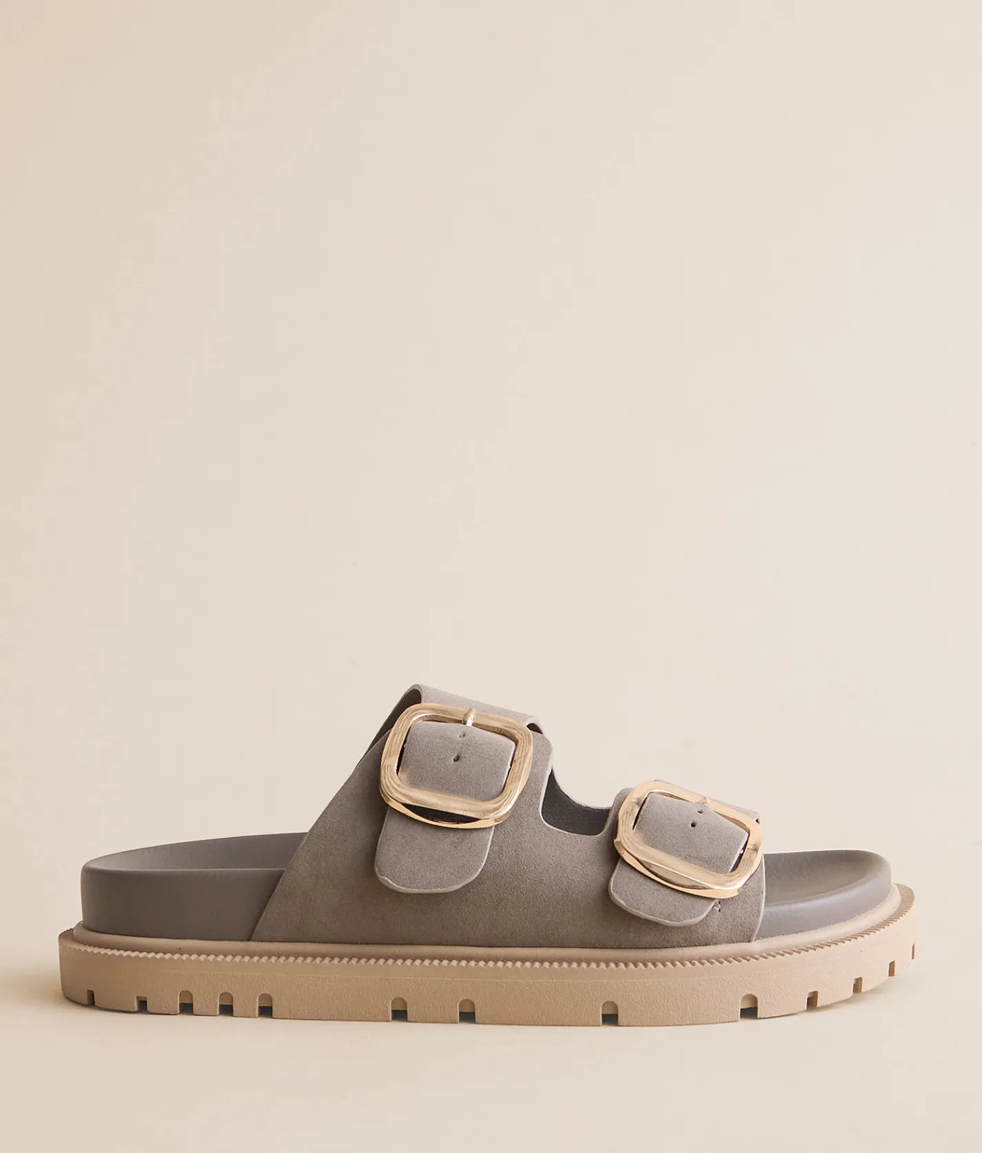 Mia Krisstie Big Buckle Sandal Taupe Gold Buckle