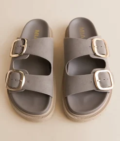 Mia Krisstie Big Buckle Sandal Taupe Gold Buckle
