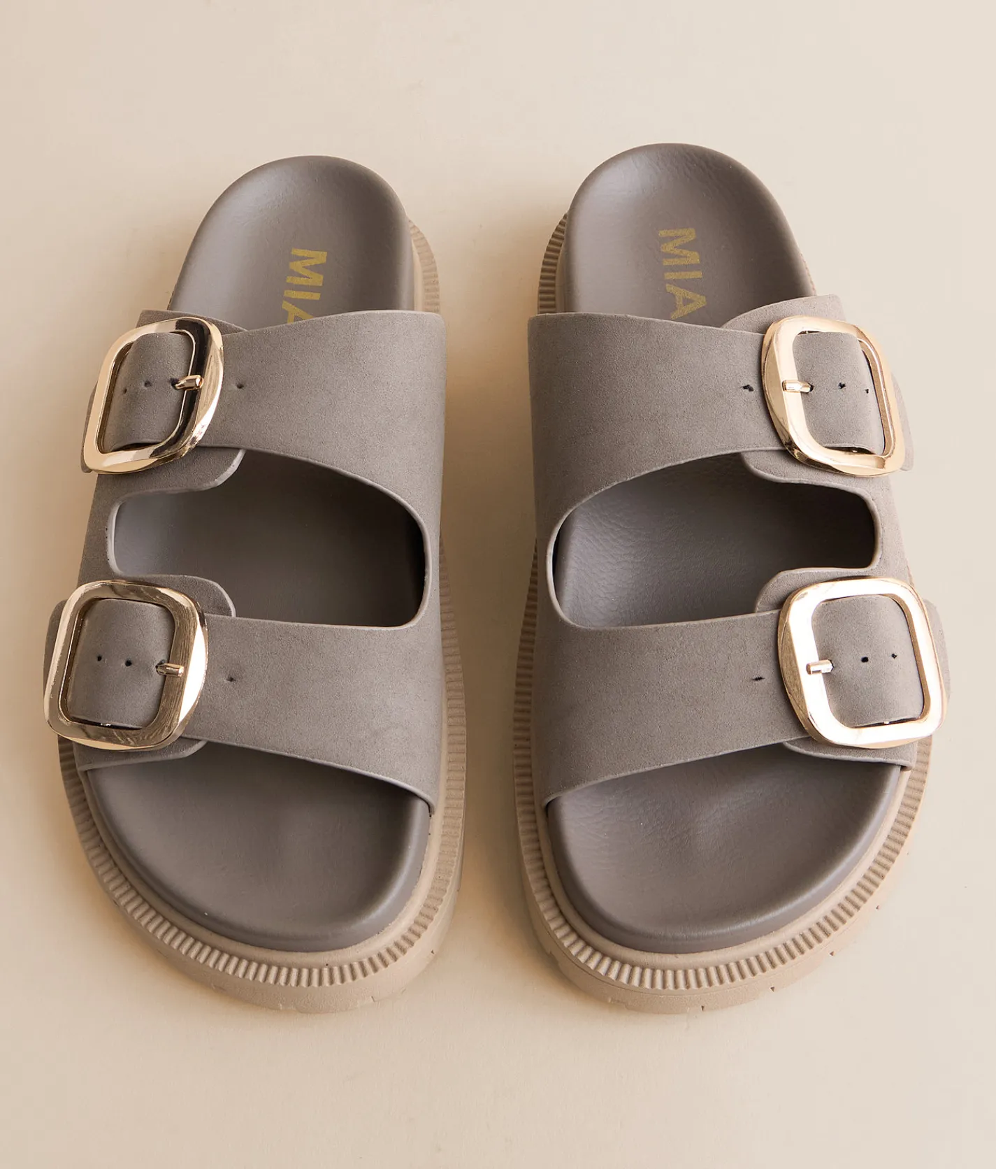 Mia Krisstie Big Buckle Sandal Taupe Gold Buckle