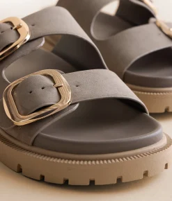 Mia Krisstie Big Buckle Sandal Taupe Gold Buckle