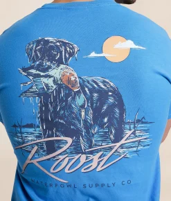 Roost Waterfowl Lab Holding T-Shirt Royal Caribe Best