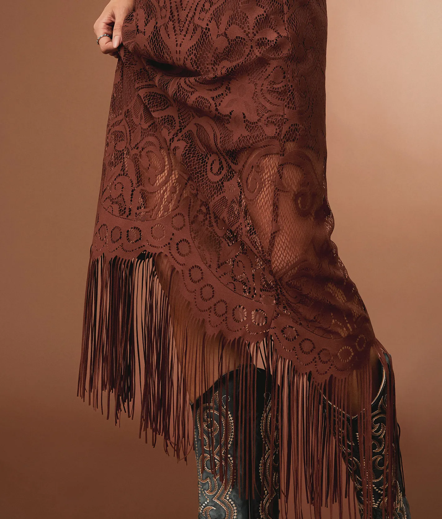 Bottoms | Sterling & Stitch Lace Fringe Midi Skirt Friar Brown