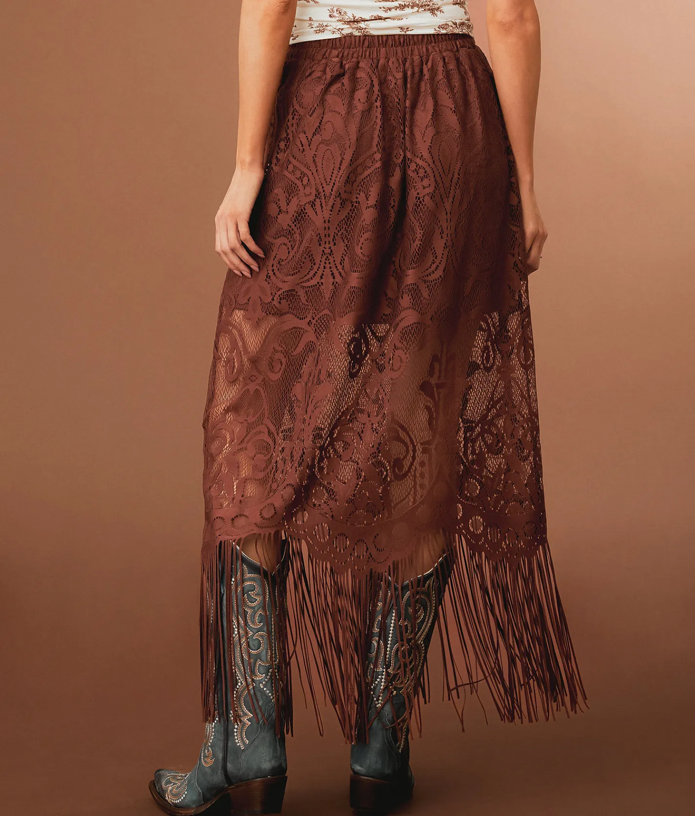 Bottoms | Sterling & Stitch Lace Fringe Midi Skirt Friar Brown