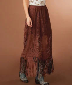 Bottoms | Sterling & Stitch Lace Fringe Midi Skirt Friar Brown