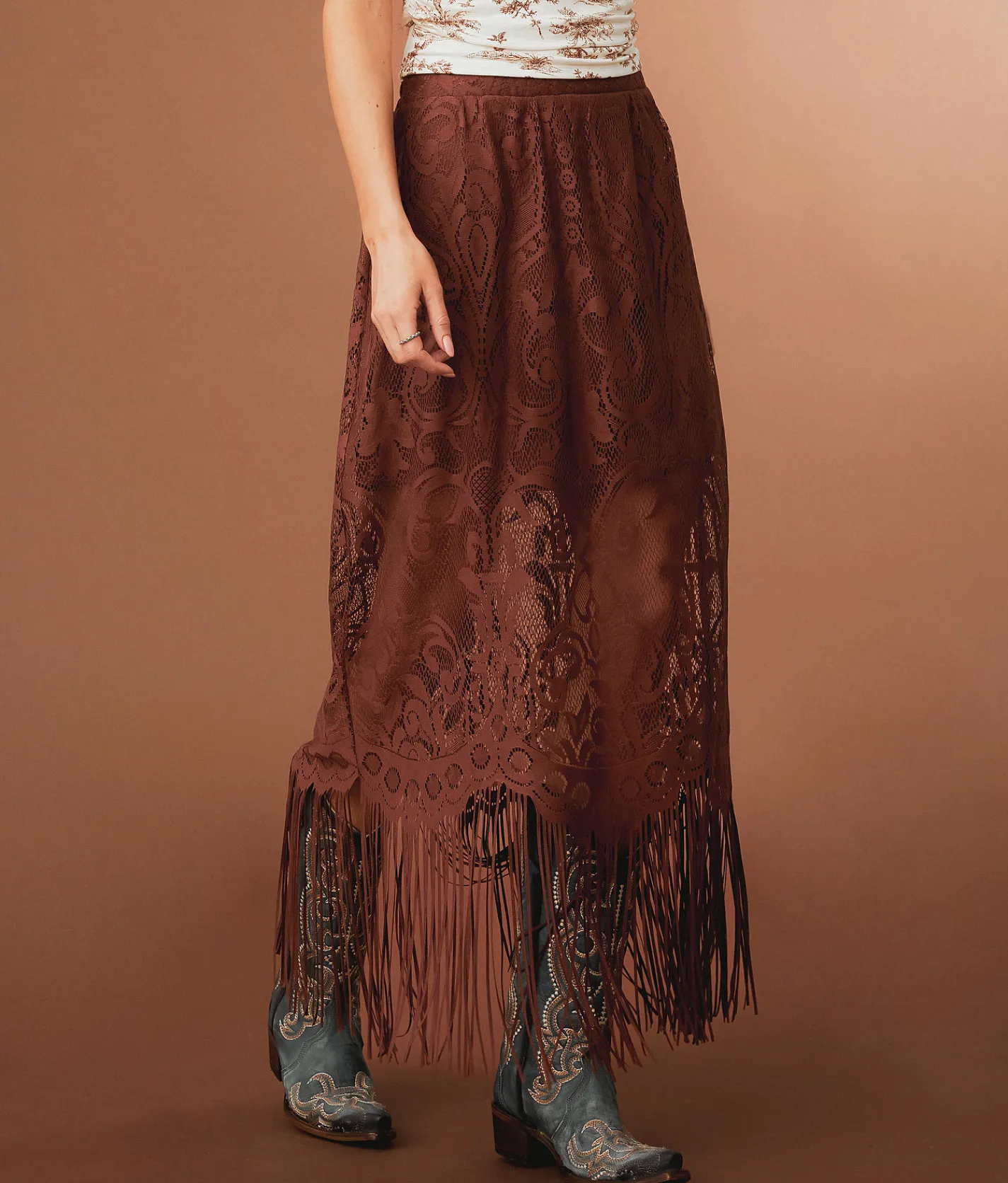 Bottoms | Sterling & Stitch Lace Fringe Midi Skirt Friar Brown