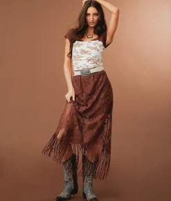 Bottoms | Sterling & Stitch Lace Fringe Midi Skirt Friar Brown