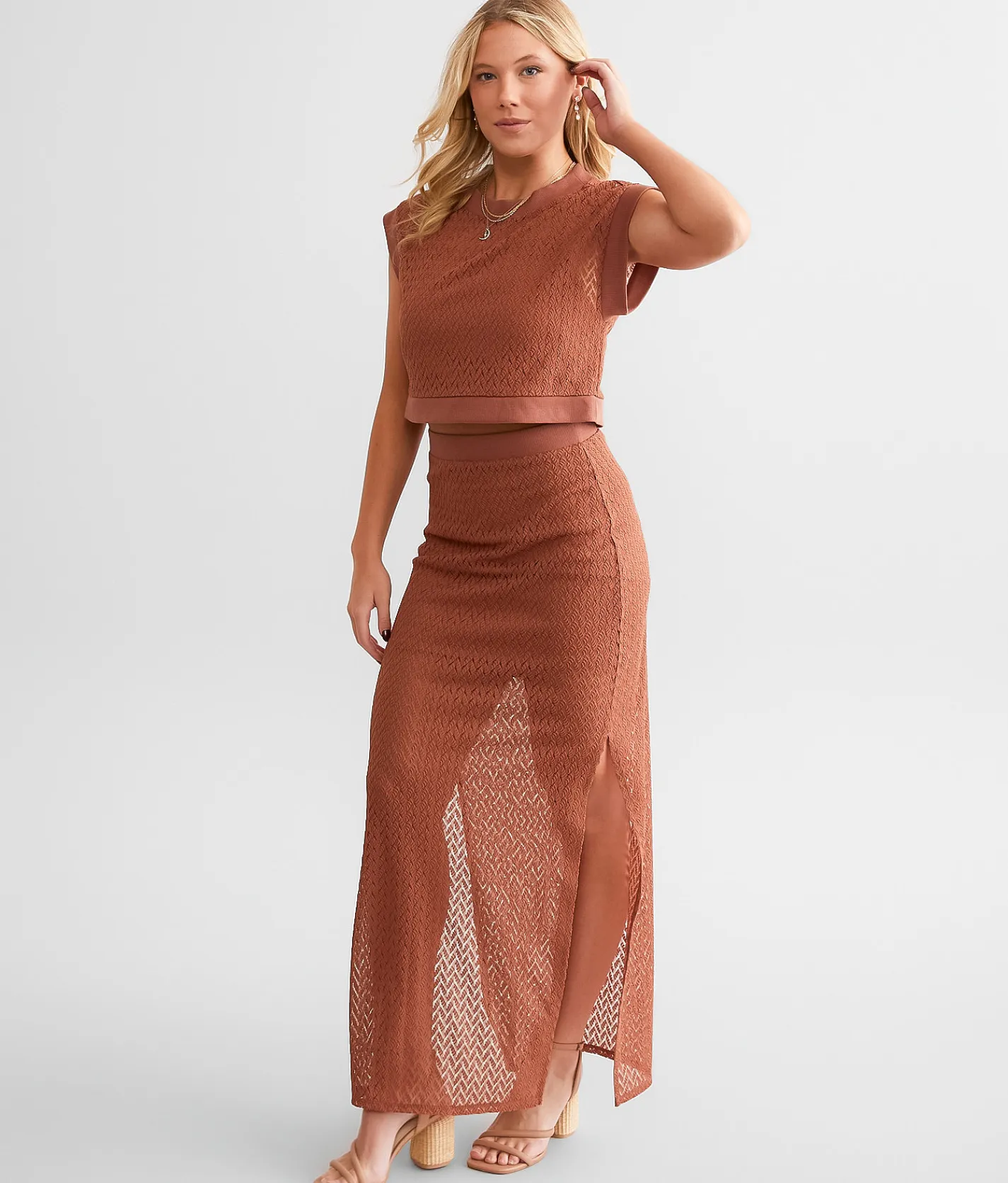 Willow & Root Lace Midi Skirt Copper Brown New