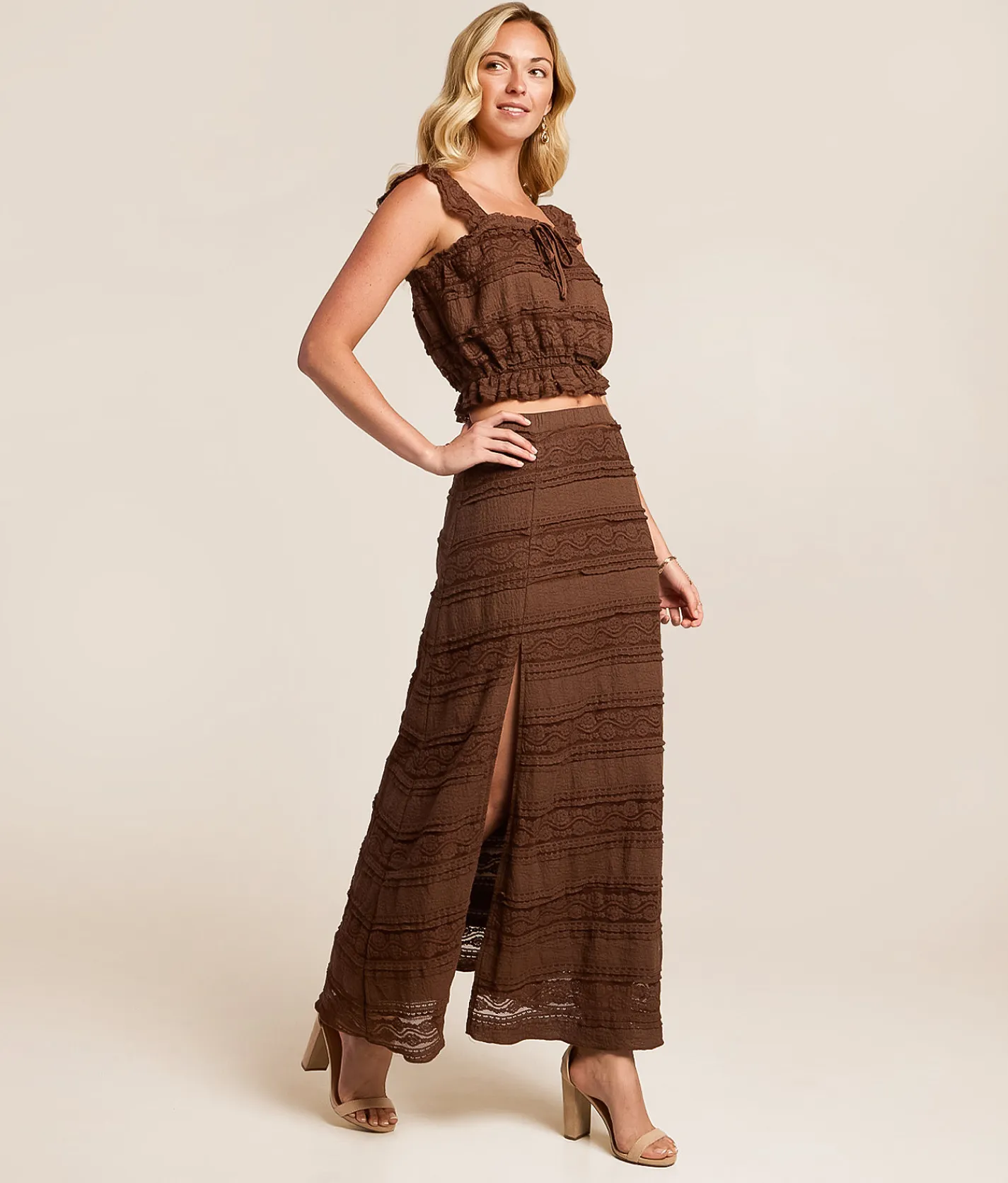 Willow & Root Lace Midi Skirt Taupe Sale
