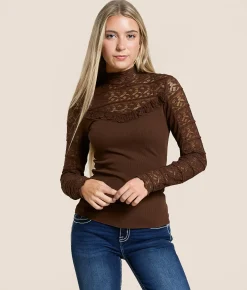 Miss Me Lace Mock Neck Top Dark Brown Online