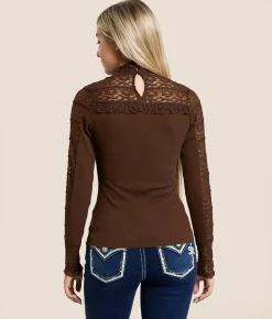 Miss Me Lace Mock Neck Top Dark Brown Online