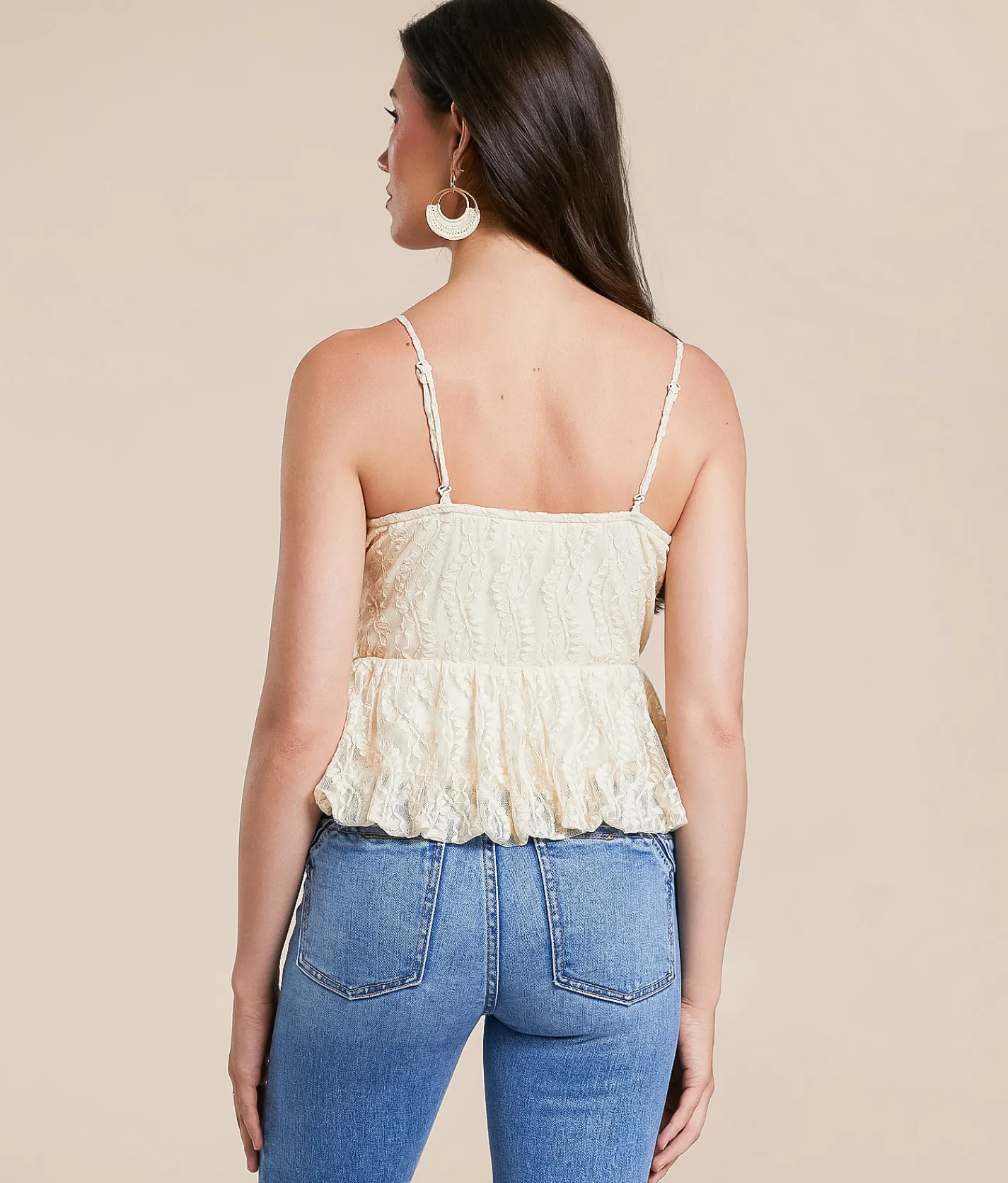 Willow & Root Lace Peplum Bubble Cropped Tank Top Cream Outlet