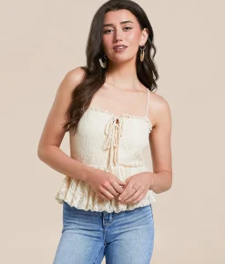 Willow & Root Lace Peplum Bubble Cropped Tank Top Cream Outlet