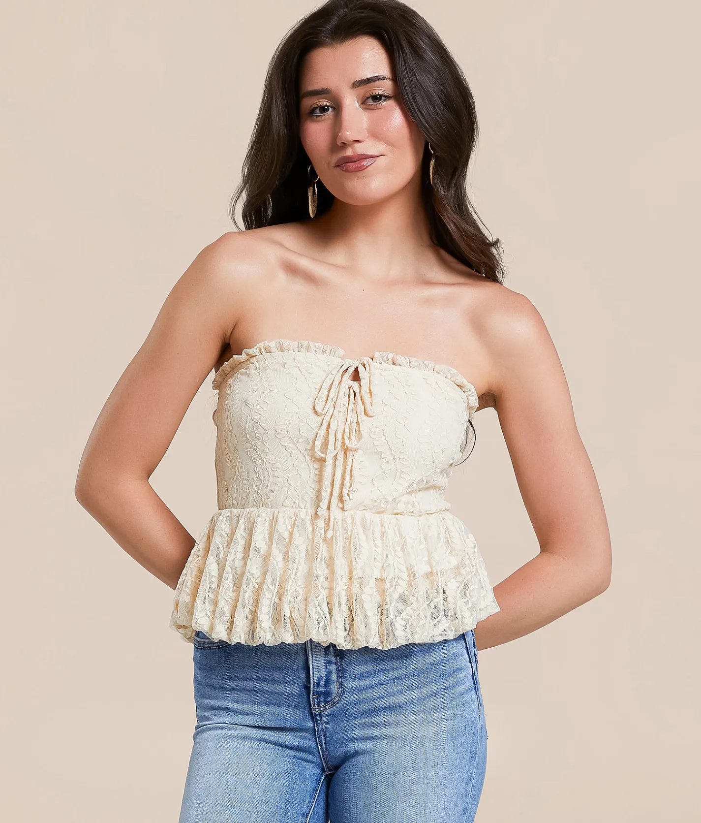 Willow & Root Lace Peplum Bubble Cropped Tank Top Cream Outlet