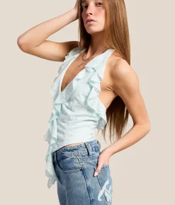 Beivy Lace Ruffle Halter Top Baby Blue Online