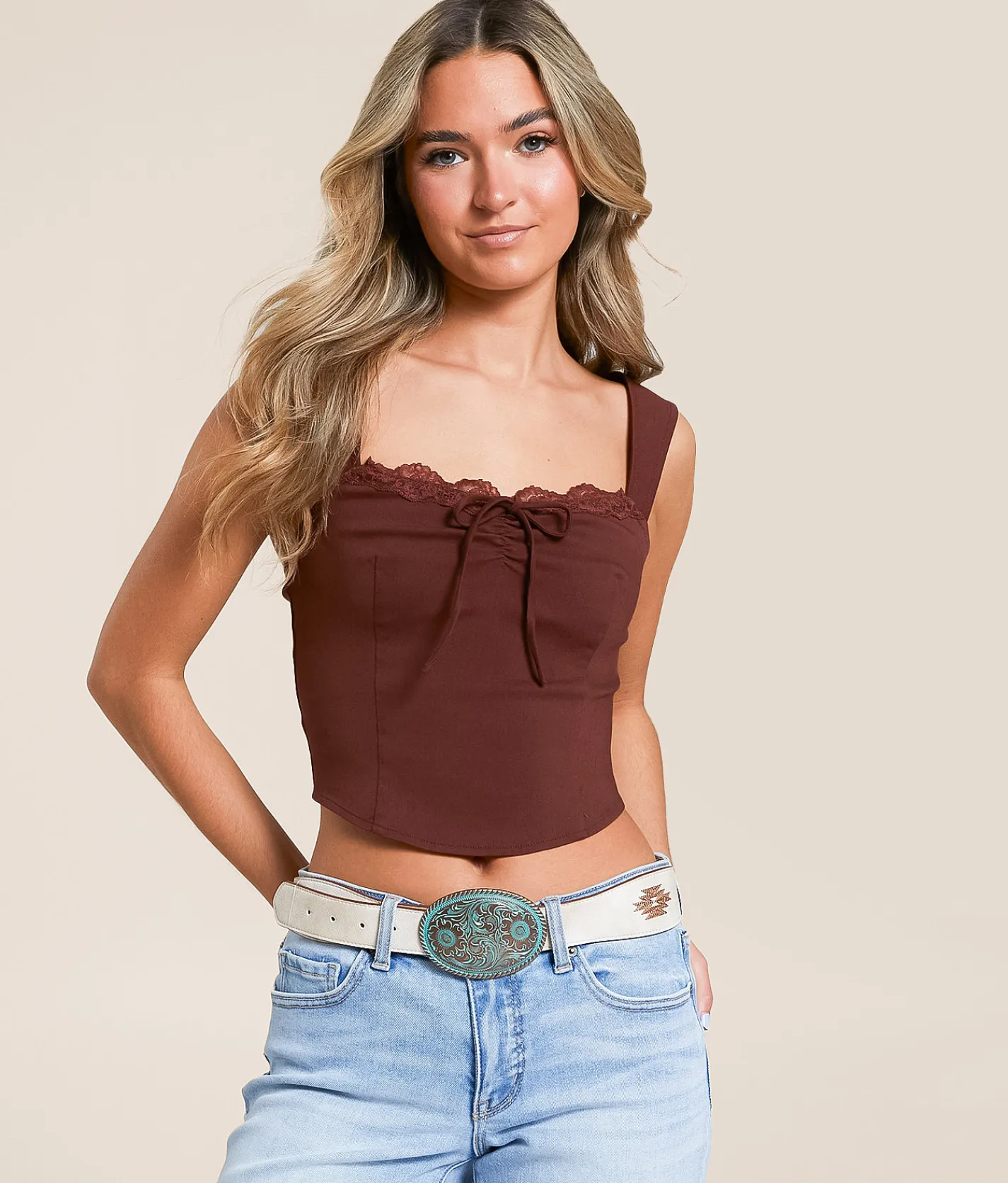 Tops | Willow & Root Lace Trim Cropped Tank Top Brown