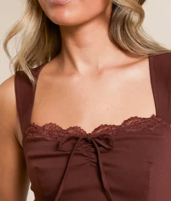 Tops | Willow & Root Lace Trim Cropped Tank Top Brown