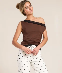 Tops | Willow & Root Lace Trim Off The Shoulder Top Cocoa Brown