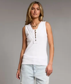 BKE Lace Trim Ribbed Henley Tank Top White Sale