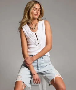 BKE Lace Trim Ribbed Henley Tank Top White Sale