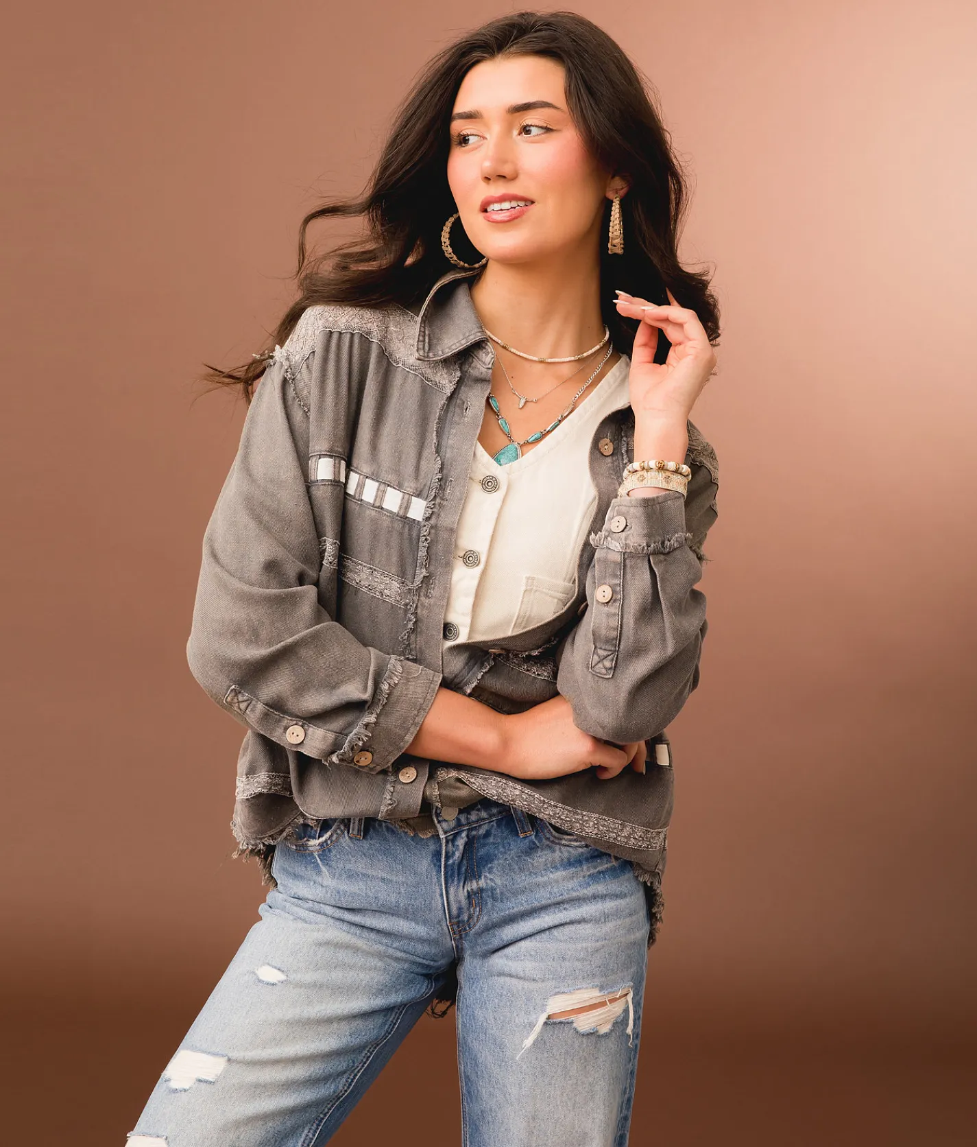 Tops|Coats & Jackets | Gimmicks Lace Trim Shacket Washed Charcoal