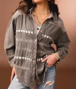 Tops|Coats & Jackets | Gimmicks Lace Trim Shacket Washed Charcoal