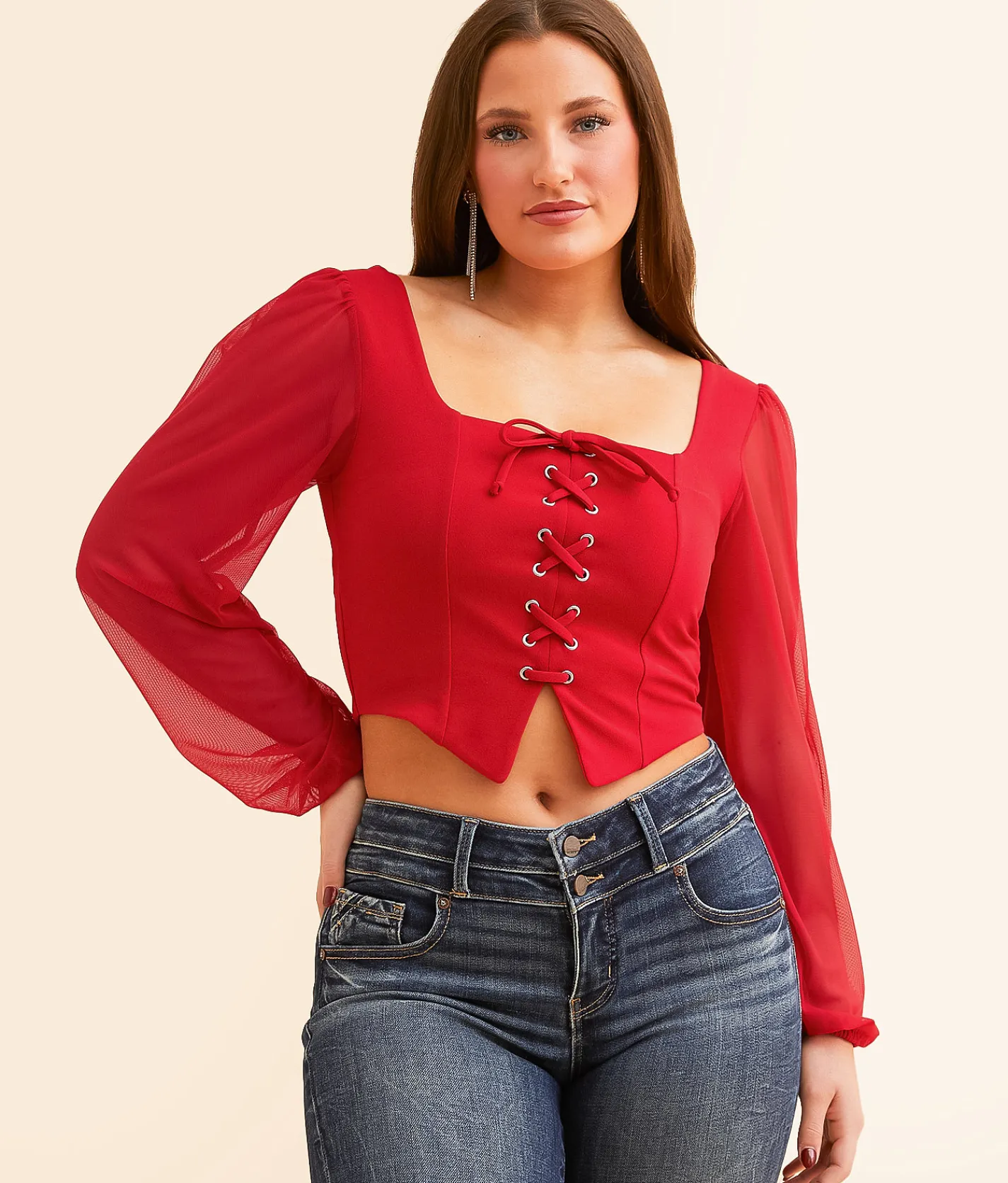 Tops | Willow & Root Lace-Up Cropped Top Red