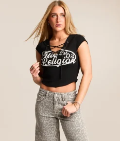 True Religion Lace-Up Cropped T-Shirt Jet Black Hot