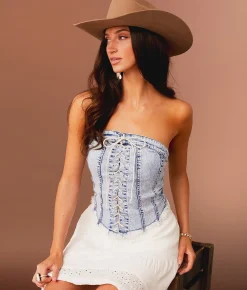 Tops | Sterling & Stitch Lace-Up Denim Stretch Tube Top Medium Wash