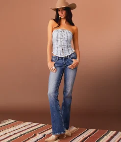 Tops | Sterling & Stitch Lace-Up Denim Stretch Tube Top Medium Wash
