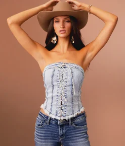 Tops | Sterling & Stitch Lace-Up Denim Stretch Tube Top Medium Wash