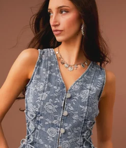 Sterling & Stitch Lace-Up Floral Cropped Denim Vest Medium Wash New