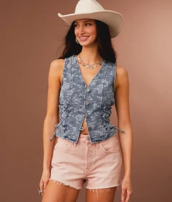 Sterling & Stitch Lace-Up Floral Cropped Denim Vest Medium Wash New