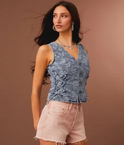 Sterling & Stitch Lace-Up Floral Cropped Denim Vest Medium Wash New
