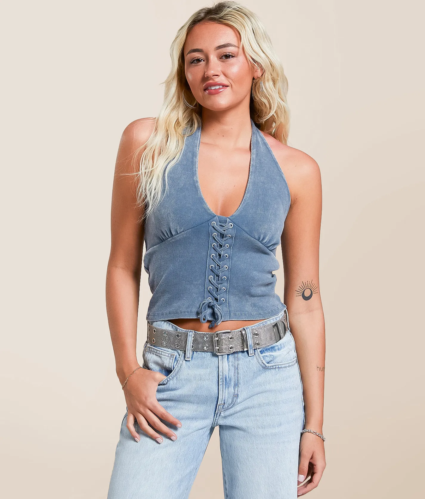 Gilded Intent Lace-Up Halter Tank Top Blue Sale