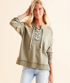 BKE Lace-Up Pullover Dusty Olive New