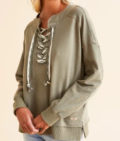 BKE Lace-Up Pullover Dusty Olive New