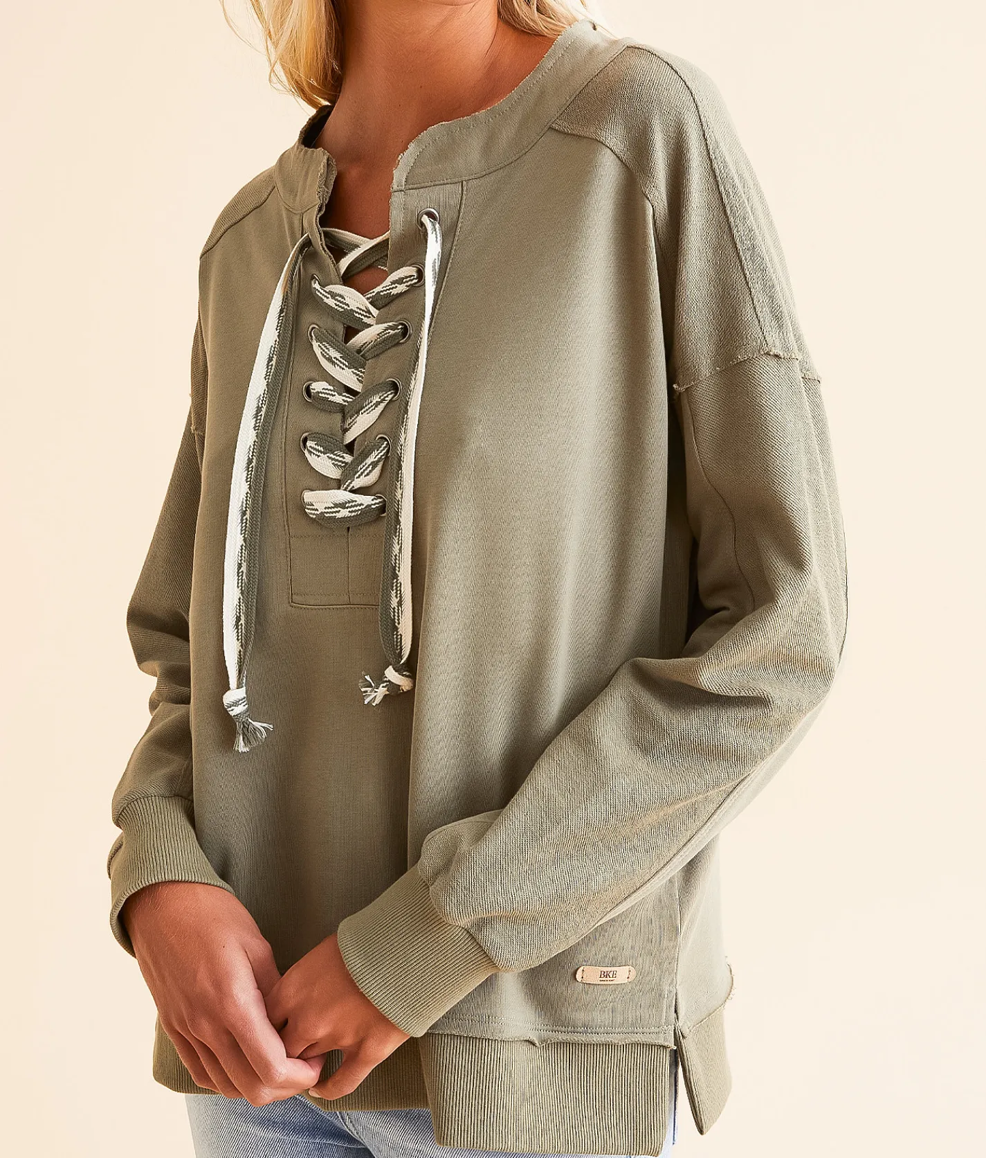 BKE Lace-Up Pullover Dusty Olive New